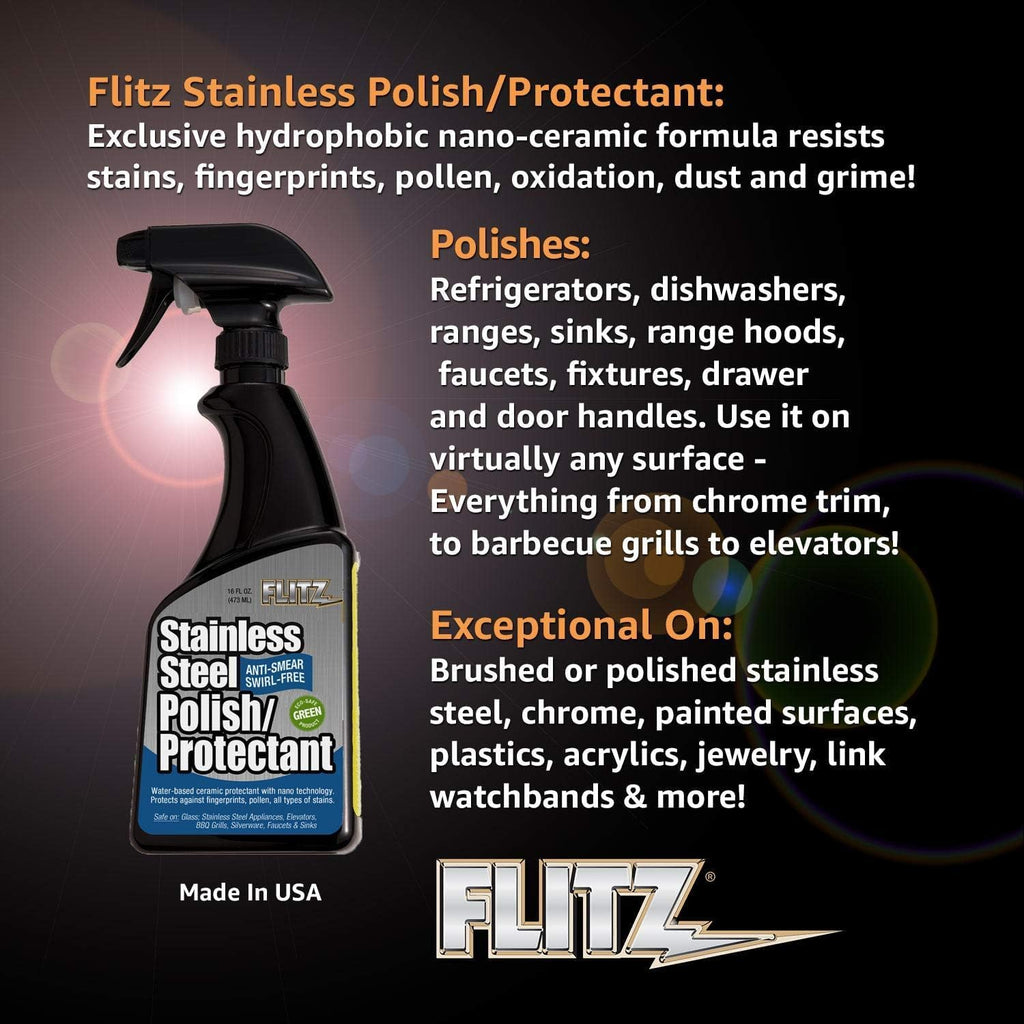 Flitz Stainless Steel Polish Protectant - 16oz Bottle, USA-Made Ceramic Coating for Stainless Steel Appliances, Repels Fingerprints & Water Spots - Aluminum & Chrome Polish & Protectant (1 Pack)