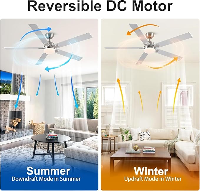 60 Inch Ceiling Fans with Lights and Remote, 6 Speed Reversible DC Motor, 3CCT Dimmable LED, 5 Blades, Brushed Nickel Modern Ceiling Fan for Bedroom, Living Room & Covered Outdoor, Includes Downrod