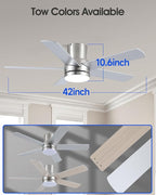 42 Inch Nickel Ceiling Fan with Light Flush Mountand Remote Control,Dimmable 3 Color Temperatures LED Ceiling Fan,6 Speed Reversible DC Motor,5 Blades Modern Ceiling Fans for Indoor or Covered Outdoor