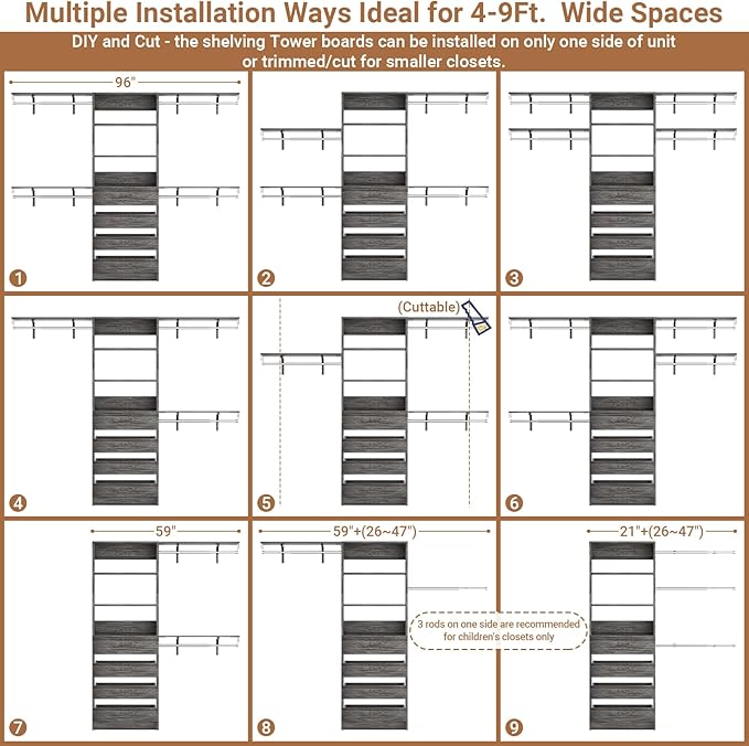 Aheaplus Closet System with 4 Drawers, 8FT Wood Closet Organizer System, 96’’ Closet Built In System Tower with Shelves, Walk-in Closet Wardrobe Clothes Garment Rack, Fits Spaces 4-9 ft, Black Oak