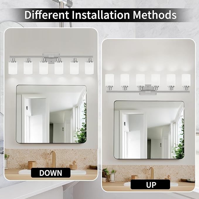 38" Bathroom Vanity Light, 6-Light Nickel Vanity Lights for Bathroom, Wall Sconce Lighting with Milky White Glass Shade, Wall Lights,Bath Vintage Wall Mounted Lamps for Mirror Bedroom