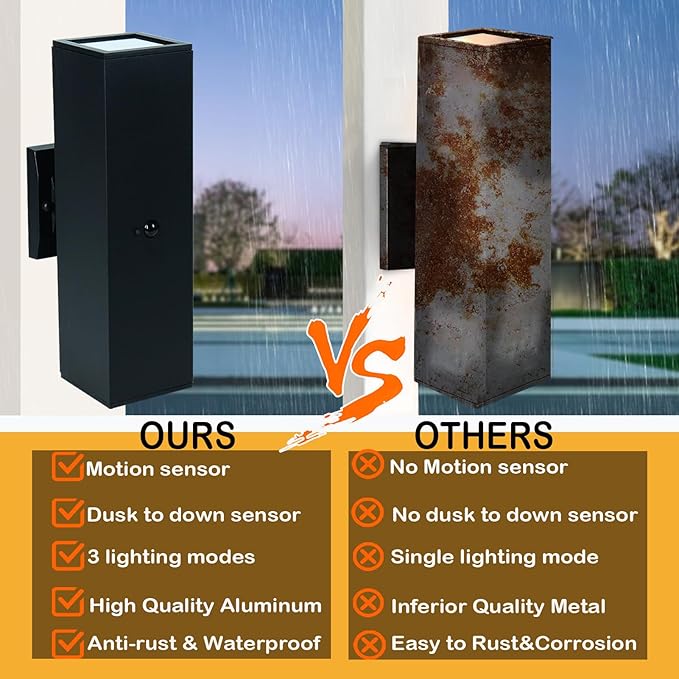 Dusk to Dawn Motion Sensor Outdoor Wall Light, Adjustable Brightness Exterior Light Fixtures with 3 Modes, 25ft Detection Waterproof Aluminum Fixture for Porch, Stairs, Garage, ETL Listed