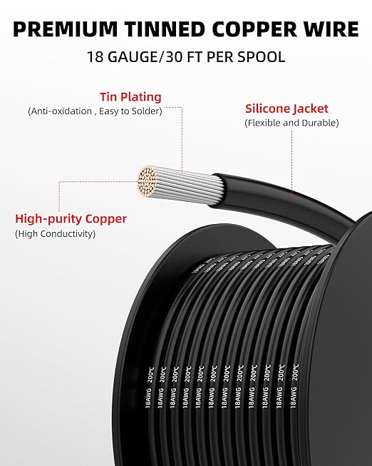 NAOEVO 18 Gauge Wire 180ft, 18 AWG Wire 6 Colors 30ft Each Spool, Flexible Silicone Tinned Copper Electrical Cable, Wiring kit for Breadboard/Automotive/DIY/Battery, 200℃