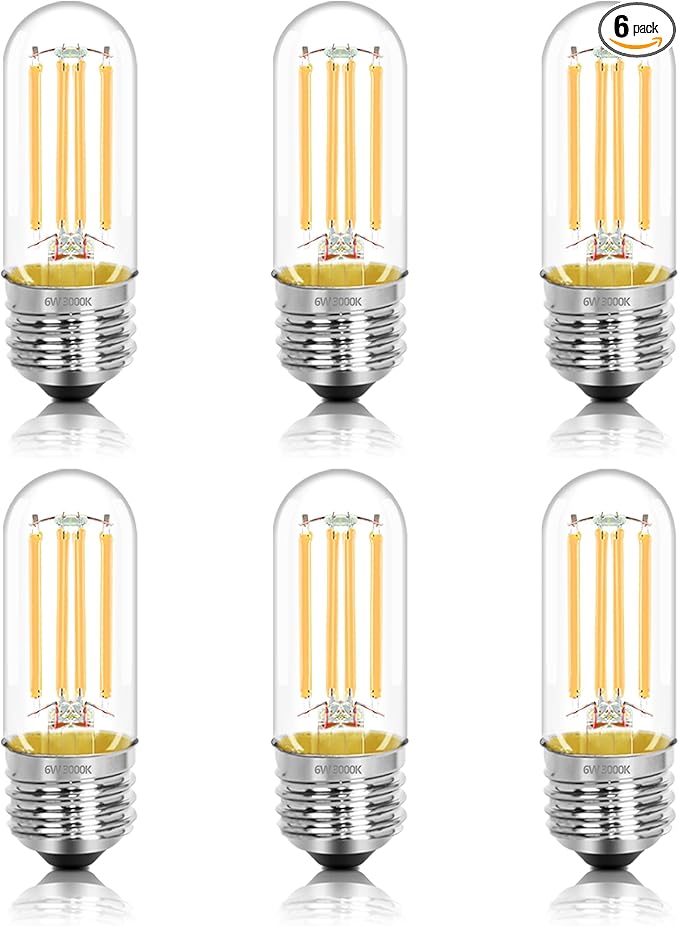 3.2 Inch 3000K Warm White E26 LED Bulb 60 Watt Equal, AC 120V 600LM Edison Bulbs Dimmable, 6W T10 T30 Tubular Filament Light Bulbs Clear Glass for Fan Pendant Wall Light, UL Listed-6 Pack