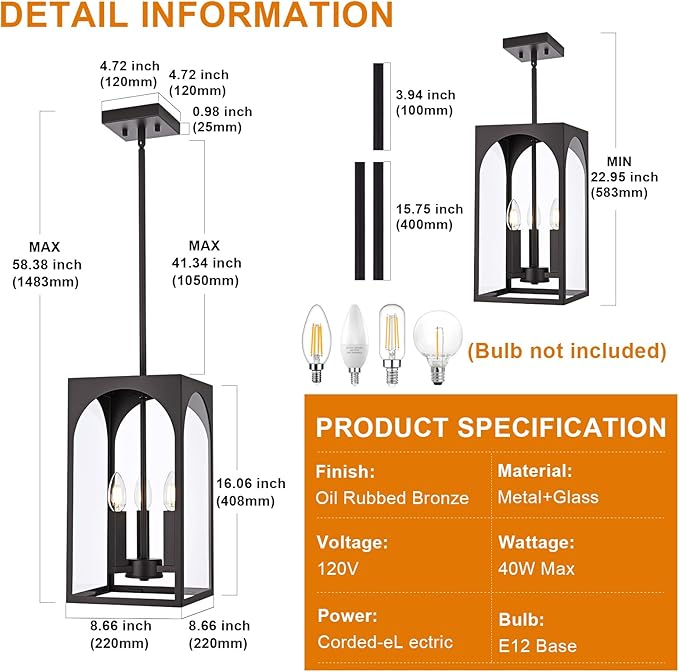 VINLUZ Modern Oil Rubbed Bronze Chandelier 3 Light Dining Room Light Fixture with Clear Glass Shade Industrial Outdoor Pendant Lights for Entryway Hallway Porch