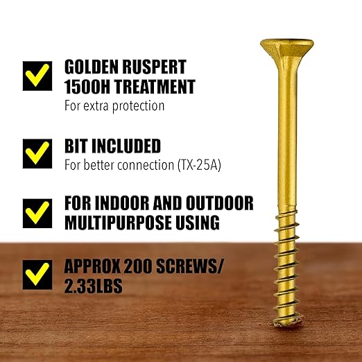 #10 x 2 1/2’’ Wood Screws by Grindy (200pack/2.33LBS) – Self-Drilling Deck Screws I Rust Resistant I Quick Drive & Fast Grip I for Cabinet, Furniture & Other Projects I T25 Star Drive I Bit Included