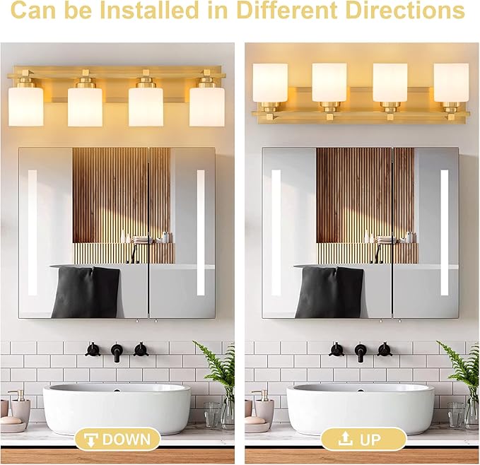 4 Light Modern Bathroom Light Fixtures Over Mirror, Brass Finish Vanity Lights for Bathroom Wall Sconces with Milky White Glass Shades, E26 Socket (Bulbs Not Included)