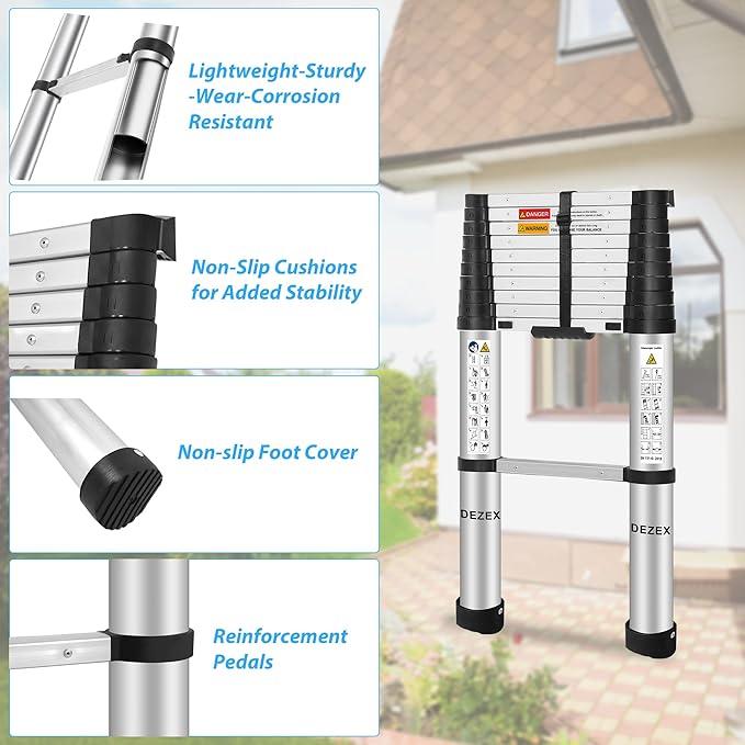 10.5 FT Aluminum Telescoping Ladders - One-Button Retraction Collapsible Extension Ladder for Home,RV,Attic & Loft, Lasts 330 LBS with Non-Slip Cushions