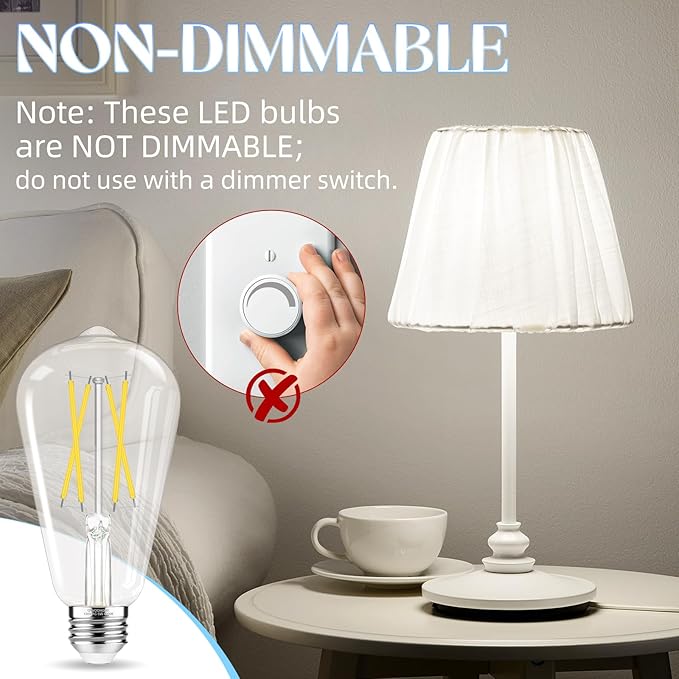 Edison Bulbs 60 watt Equivalent LED, E26 LED Bulb Non-Dimmable, 4000K Daylight White, ST58 Vintage Light Bulbs, 90+ CRI, 6W 600LM, E26 Medium Base, Clear Glass, 12 Pack