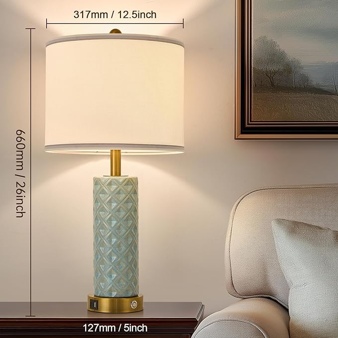 Set of 2 Table Lamp for Living Room Bedroom Farmhouse,26'' Touch Control Bedroom Spa Blue Ceramic Lamps 3-Way Dimmable Bedside Lamps with USB A+C Ports Linen Shade for Home