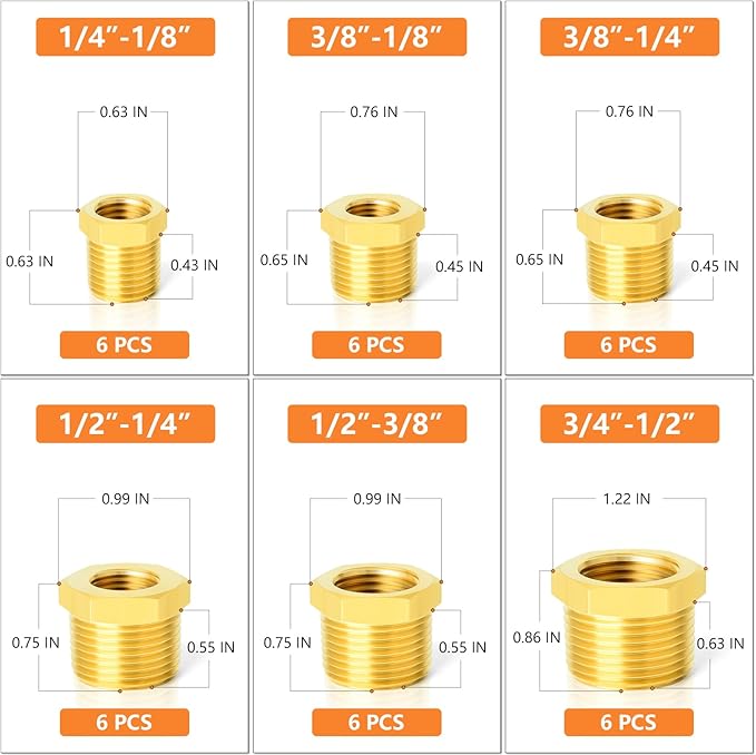 GASHER 36PCS Brass Hex Bushing Fitting Kit Hex Bushing 1/4" - 1/8", 3/8" - 1/8", 3/8" - 1/4", 1/2" - 1/4", 1/2" - 3/8", 3/4" - 1/2"