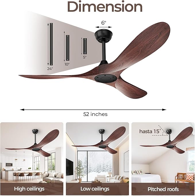 52 Inch Ceiling Fan Without Lights, Walnut Finish | Outdoor Ceiling Fan with Remote, 6-Speed Adjustable Reversible DC Motor for Patio & Living Room