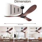 52 Inch Ceiling Fan Without Lights, Walnut Finish | Outdoor Ceiling Fan with Remote, 6-Speed Adjustable Reversible DC Motor for Patio & Living Room