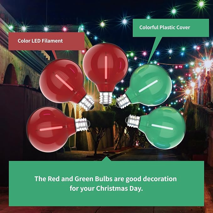 Meconard G40 Colored LED String Light Bulbs, Shatterproof LED 1 Watt Globe Replacement Bulbs, E12/C7 Candelabra Base,Red Light Bulb Green Light Bulb, 25 Pack