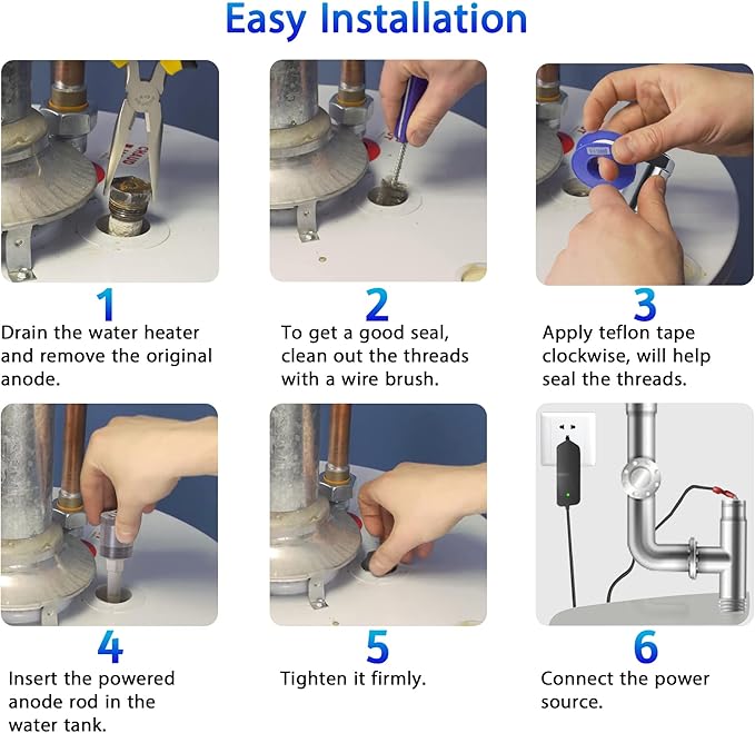 Podoy Powered Anode Rod for Hot Water Heater, Stops Corrosion and Eliminates Rotten Egg Smell for 30-80 Gallon Water Tank Except Bradford White, Titanium Electric Anode Rod Replacement Universal 9.4"