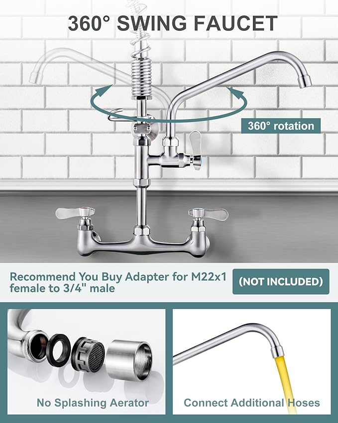 21" Height Commercial Faucet Wall Mount with Sprayer 9.6" Swing Spout 8" Adjustable Center, Kitchen Sink Faucets with Pull Down Pre-Rinse Sprayer for Restaurant Industrial Kitchen, Brushed Nickel