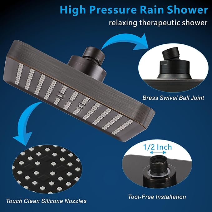 Voolan High Pressure Rain Shower Head - Luxury Modern Look - The Adjustable Replacement For Your Bathroom Showerhead - 6" Square High Flow Pressure Boosting Showers (Oil Rubbed Bronze)