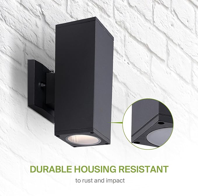 ASD 2 Light Square Dusk to Dawn Outdoor Wall Light Fixture | 120W E26 Bulb Socket 120V ETL Cylinder Up Down Lights | LED/CFL/Incandescent Bulb Wall Sconce | Front Door, Porch, Patio | Black