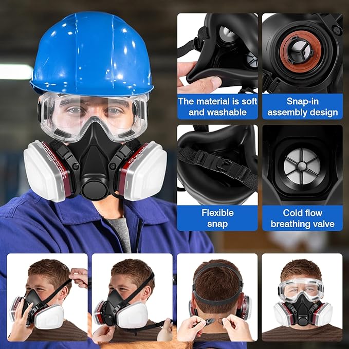 Respirator Mask with Filters and Goggles, Chemical Respirators Gas Mask for Paint, Epoxy Resin Respirator