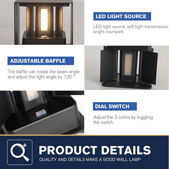 4 Pack LED 20W Outdoor Wall Lights Exterior/Interior 3 Colors Adjustable Wall Sconce Up and Down Light Porch Lights IP65 Waterproof Exterior Wall Sconce Modern Outdoor Lighting Square Aluminum Black