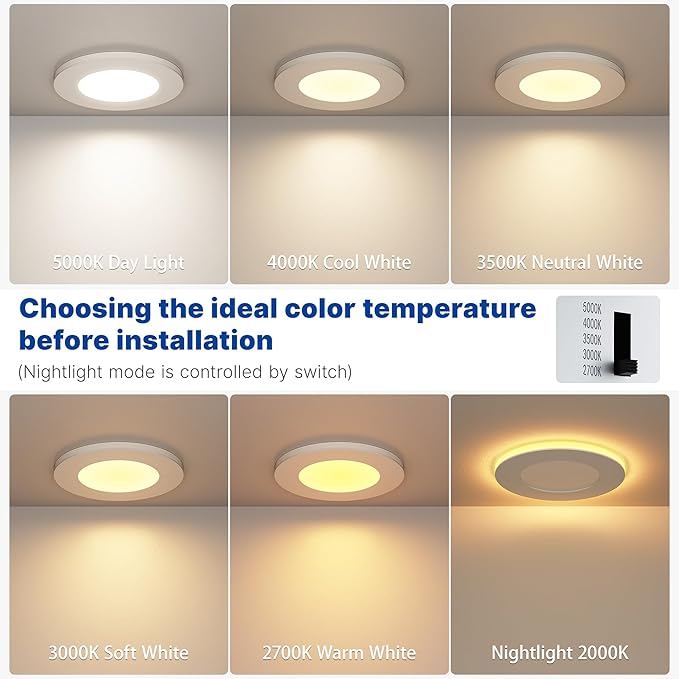 12 Pack 4 Inch LED Recessed Ceiling Light with Night Light| 5CCT Dimmable 2700K-5000K| RA90 750LM 9W 120V| Ultra-Thin High Brightness Canless Wafer Downlight with Junction Box| IC ETL FCC