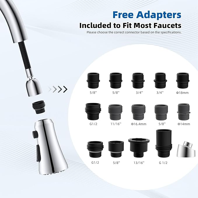Hibbent Pull Down Spray Head for Kitchen Faucet, 3-Function Spray Nozzle with 15 Adapters, Straight Sink Faucet Head Replacement Compatible with Moen, Delta, Kohler, American Standard, Chrome