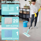 KeFanta Sweeper Mops for Floor Cleaning, 2-in-1 Mops Kit Compatible with Swiffer Pads, Disposable Dust Mop with 20 Dry Cloths, 1 Washable Microfiber Cloth for Hardwood Kitchen Bathroom Pet Hair