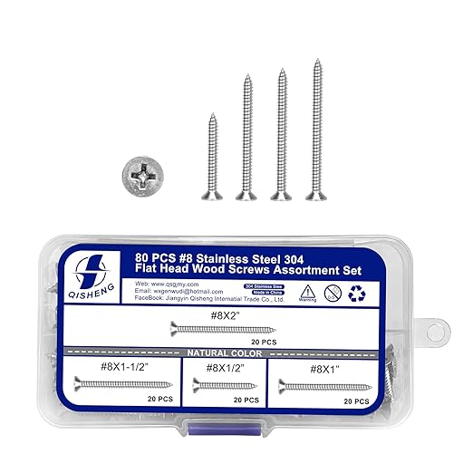 QISHENG 80 PCS #8 Stainless Steel Phillips Flat Head Wood Screws Assortment Set,Stainless Steel 18-8 A2(304) Screw,Home Screw Kit