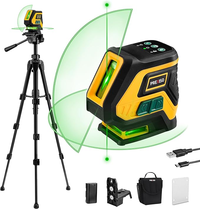 PREXISO Laser Level with Tripod & 2 Plumb Dots - 100 Ft Rechargeable Point Cross Laser Level Self Leveling - Plumb Spot Alignment Wide Angle Laser Line for Construction, Ceiling, Floor Tile
