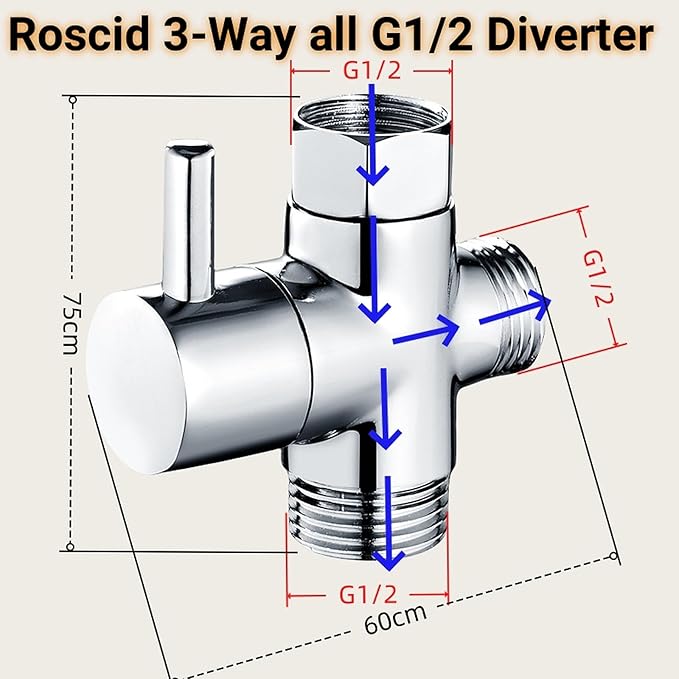 1/2" Brass 3-Way Switch Valve Shower Switch Adapter with Seal, Three-Way Vents Adapter Switch Valve for Shower System, Kitchen, Bathroom, Chrome