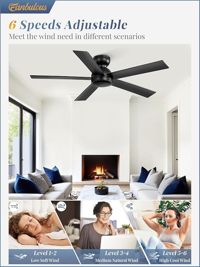 48 Inch Flush Mount Ceiling Fan no Light, Black Ceiling Fan with Remote, 6-Speeds, Quiet Reversible DC Motor, Indoor/Outdoor Ceiling Fans without Lights for Patio, Living Room, Bedroom