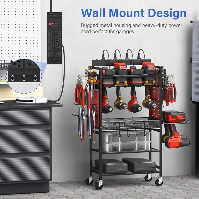 CCCEI Magnetic Heavy Duty Power Strip Surge Protector 20Amp, 12 Gauge High Amp Extension Outlets, Garage Wall Mount 8 Plug Metal Power Strip. 6FT, Black, 5-15P Adapter 6-20R T-Slot 20a for Appliance