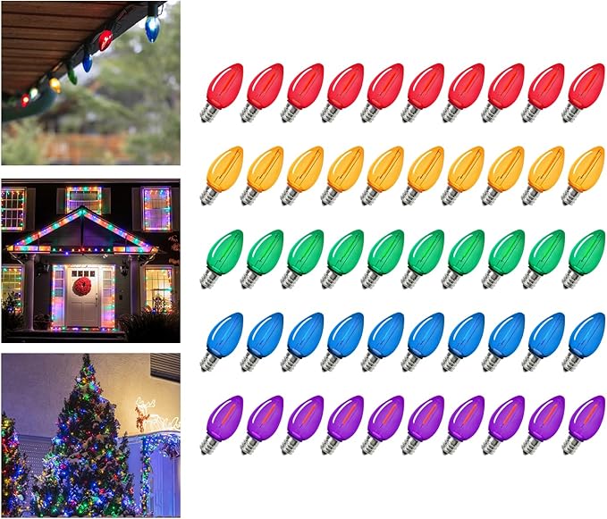 KGC 50Pack C7 Christmas Light Bulb, C7 Shatterproof LED Bulbs for Christmas Outdoor String Lights, 0.6W 7W Incandescent Equivalent 50LM, E12 Base Commercial Grade Holiday Bulbs - Multicolor