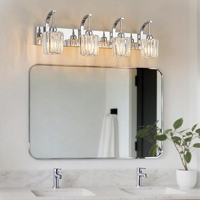 Modern Bathroom Vanity Light, 4-Light Chrome Wall Sconce with Crystal Accents, Over Mirror Bathroom Lighting Fixture, 32.67" Long Dimmable Vanity Lamp for Makeup, Easy Installation