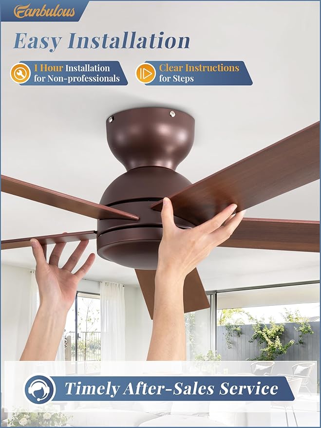 48 Inch Low Profile Ceiling Fan without Lights, Brown Farmhouse Ceiling Fan no Light, 6-Speeds, Quiet Reversible DC Motor, Indoor/Outdoor Ceiling Fans with Remote for Patio, Living Room, Bedroom