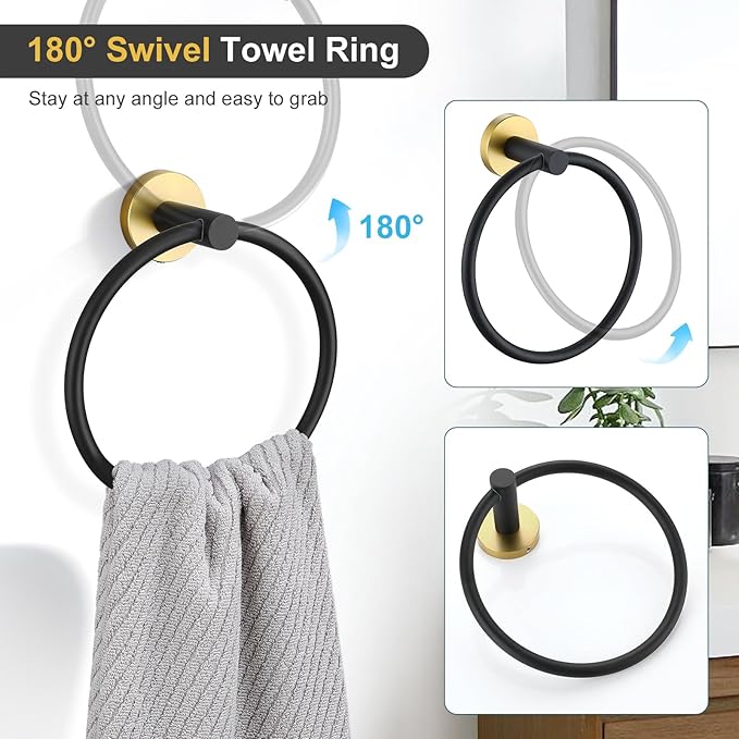 TQKAG 8-Pieces Bathroom Hardware Set Black and Gold SUS304 Stainless Steel Bath Towel Bar Set 23.6 Inch Round Bathroom Accessories Kit Wall Mounted