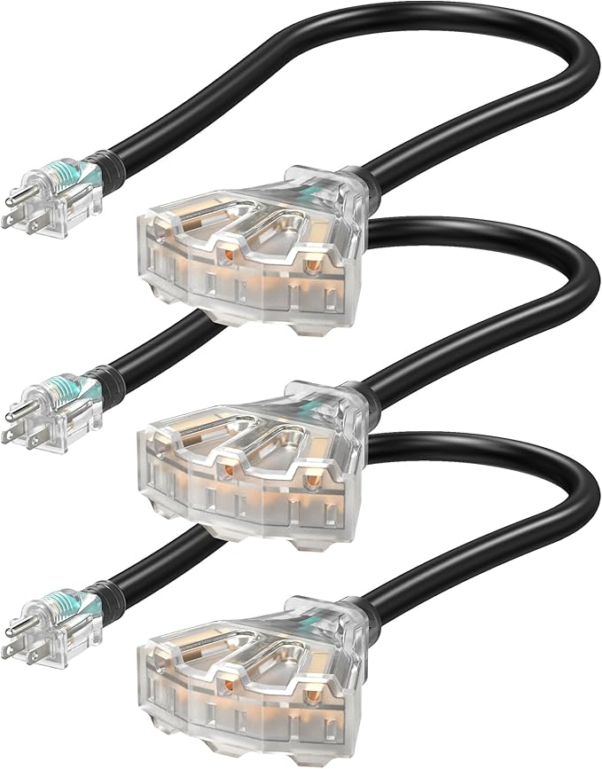 DEWENWILS 2 FT 12/3 Gauge Indoor/Outdoor Tri-Tap Extension Cord Splitter, STW 15 Amp Contractor Grade Heavy Duty Power Cable with LED Lighted Plug, UL Listed, Pack of 3