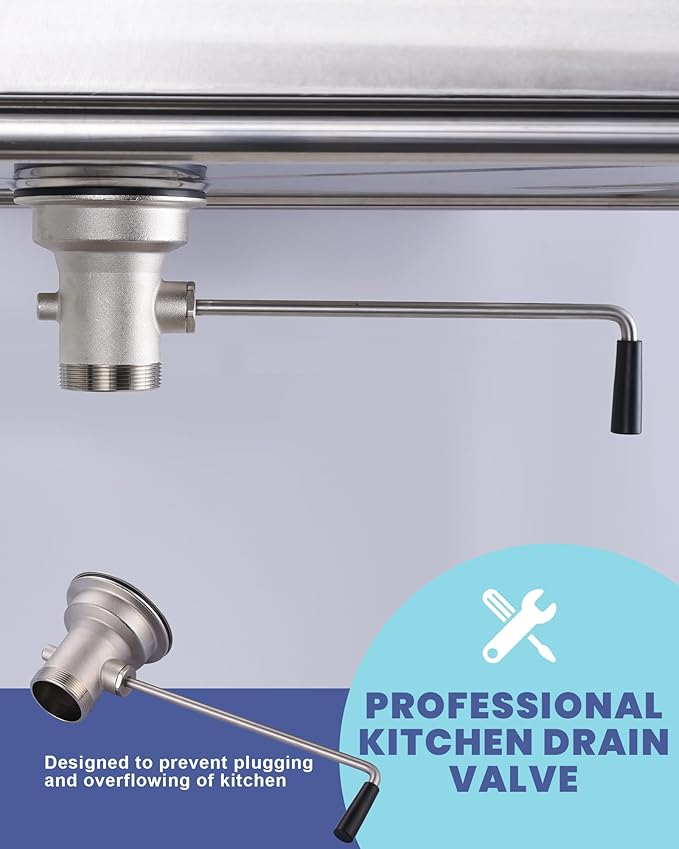 Commercial Sink Drain: 3-1/2" Sink Opening Waste Drain Valve - Brass Commercial Kitchen Sink Drain with Twist Handle - Prevents Sink Clogged Overflow for Commercial Restaurant Multi-Basin Sink