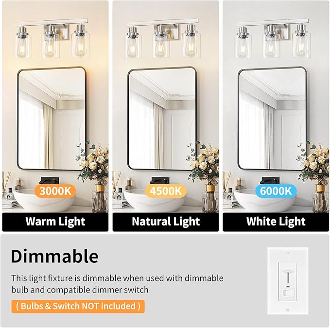 3-Light Bathroom Light Fixtures, Nickel Bathroom Vanity Light with Clear Glass Shade, Modern Bathroom Wall Lights Over Mirror, Farmhouse Wall Sconces Lighting for Bedroom Living Room
