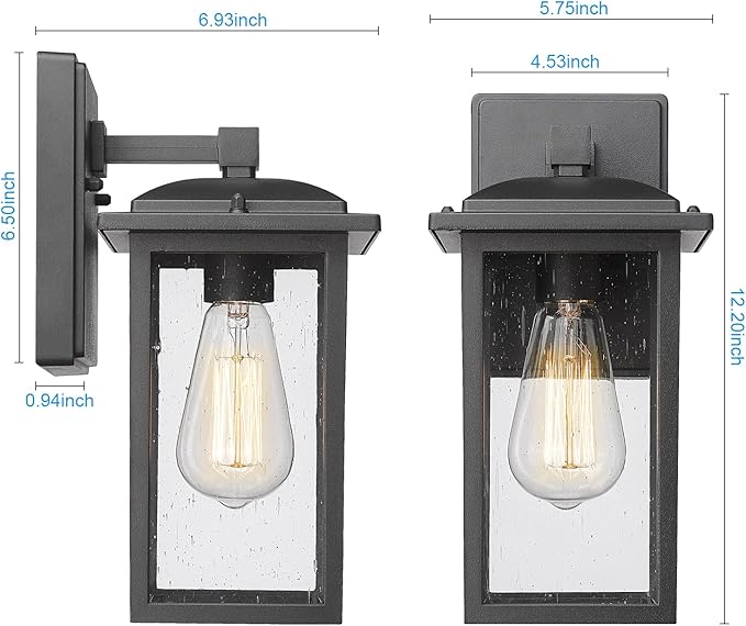 Outdoor Wall Sconces 2 Pack, Exterior Light Lantern Fixtures, Porch Light Lamps Outdoor Wall Mounted in Black Finish with Seeded Glass for House, Garage, Patio, Yard, Garden