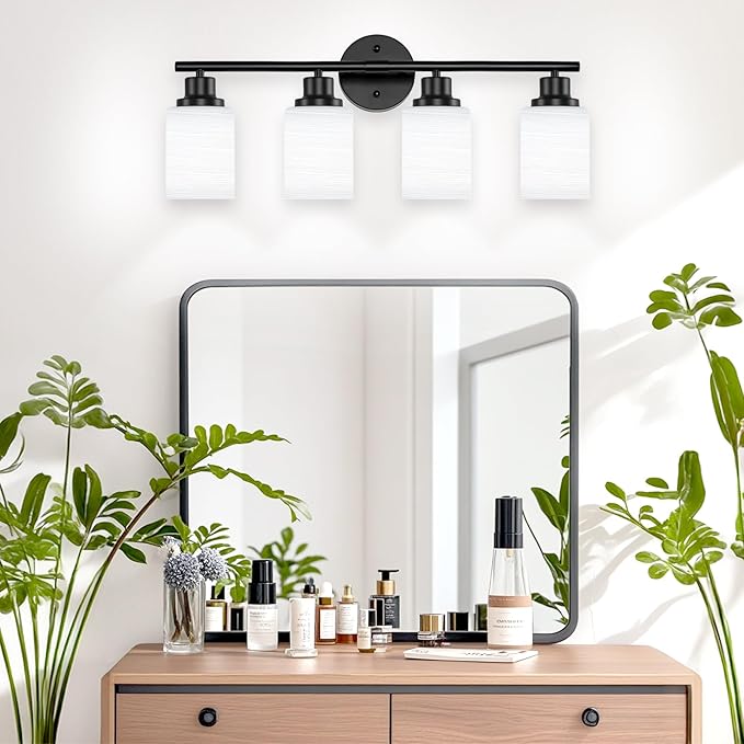 4-Light Bathroom Light Fixtures, Black Vanity Lights for Mirror with Textured Milky White Glass Shade, Modern Kitchen Light Fixtures Wall Sconce Light - E26 Base