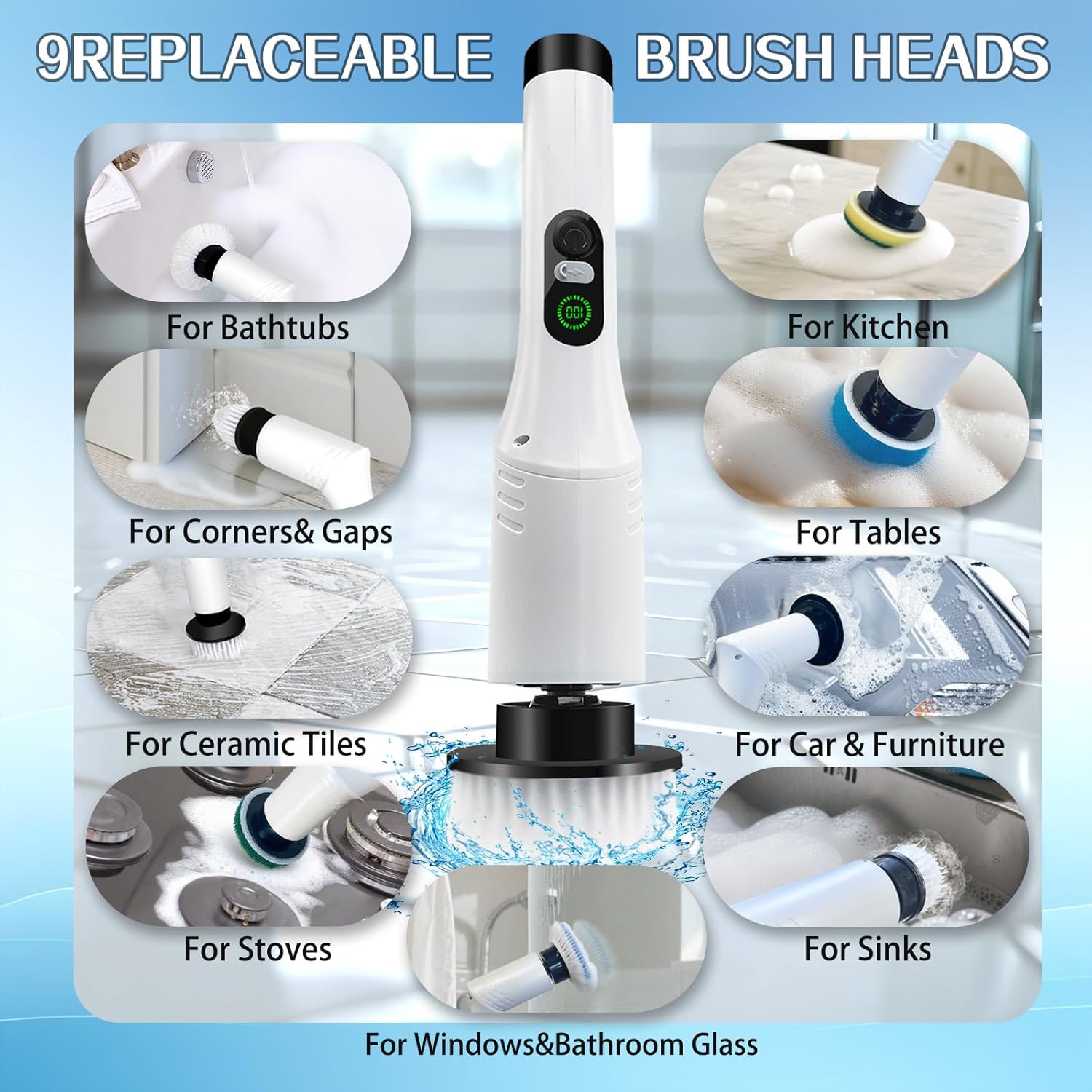 Spin Scrubber,9-In-1Multifunctional Cleaning Brush with Detachable Handle,9 Replaceable Brush Heads&LCD Display,Rechargeable Electric Spin Scrubber for Bedroom,Bathroom,Kitchen,Car