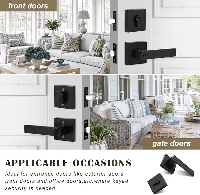 6 Pack Keyed Entry Door Lever and Single Cylinder Deadbolt Set, Keyed Alike Reversible Lockset, Matte Black Square Interior/Exterior Handleset for Bedroom, Front Door