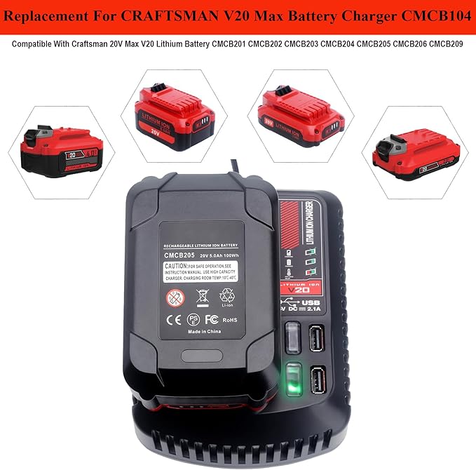 CMCB104 Replacement for 20V Craftsman V20 Lithium-ion Battery Charger CMCB100 CMCB101 CMCB124 CMCB102 for CMCB201 CMCB202 CMCB203 CMCB204 CMCB205 CMCB209 Power Tool Batteries