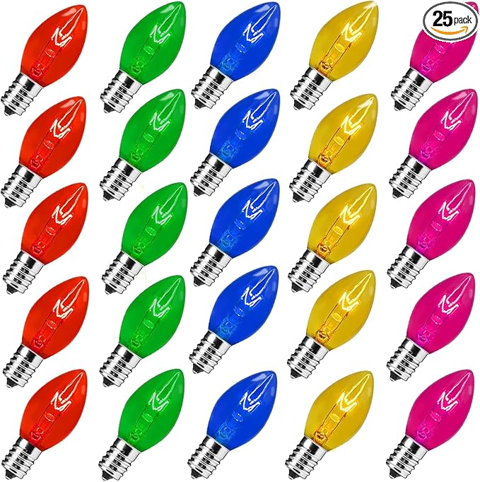 25 Pack C7 Clear Multicolor Incandescent Replacement Bulbs, 5W Warm White 2200K, E12 Base, Waterproof C7 Night Light Bulbs for Vintage Christmas String Lights Outdoor Indoor Home Party Decorations