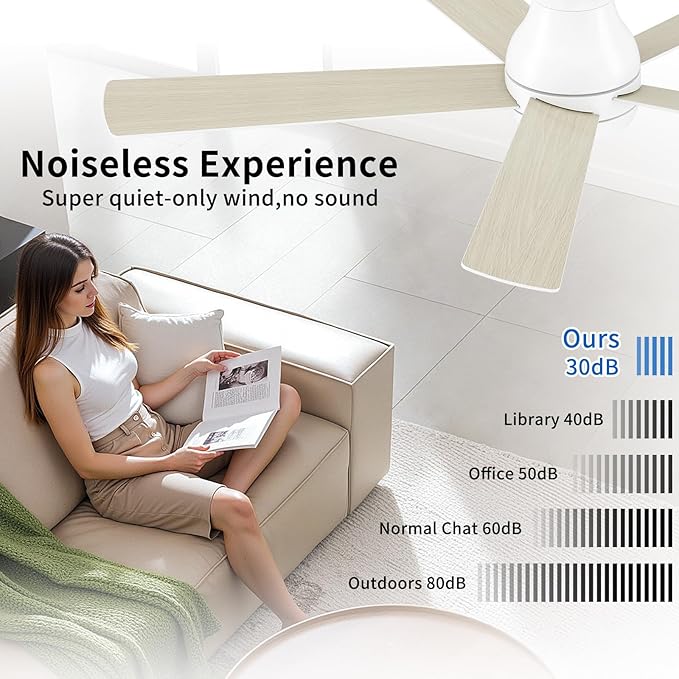 60 Inch White Ceiling Fans with Lights and Remote, LED Low Profile Flush Mount Ceiling Fan for Bedroom, Living Room, Quiet DC Motor, Dimmable 6 Speeds