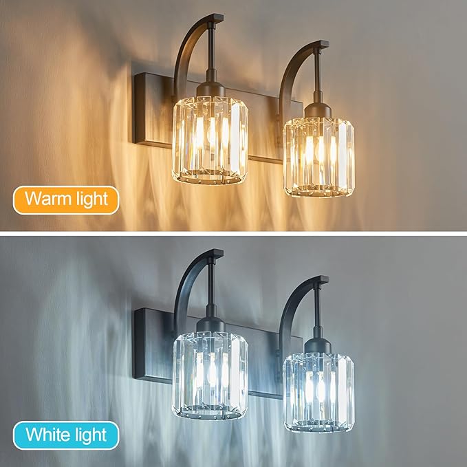 Bathroom Crystal Vanity Lights 2-Light Black Wall Lamp Modern Crystal Bathroom Light Fixtures Over Mirror 13.77" Long Wall Sconce