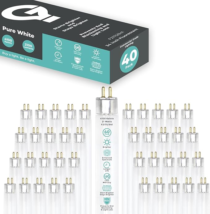 GoodBulb 21-Watt 34 Inch T5 Fluorescent Light Bulb 4100K Cool White Color Medium Bi-Pin Base 2100 Lumens 85 CRI 36000 Life Hours Instant/Programmed Start Pack of 40 Bulbs