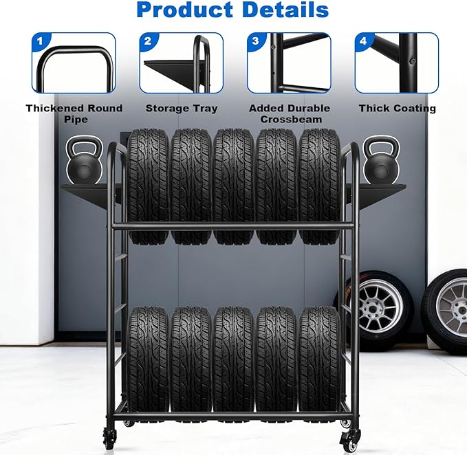 Tire Rack, 59 x 57 x 20 Inches Garage Tire Storage Stand with Storage Tray 218KG/480LBS Capacity, 2 Storage Shelf & 4 Swivel Casters Rolling Tire Storage Rack, Black