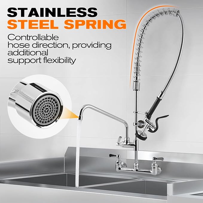 36" Height Commercial Faucet with Sprayer, 8" Adjustable Center & 12" Add-on Swing Spout, Wall Mount Pre Rinse Commercial Sink Faucet for Restaurant Industrial Kitchen